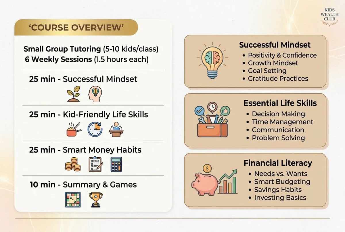 Course Overview: small group tutoring, 6 weekly sessions covering Successful Mindset, Essential Life Skills and Financial Literacy