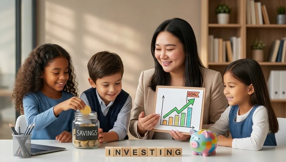 Children learning about savings and investing with a coach